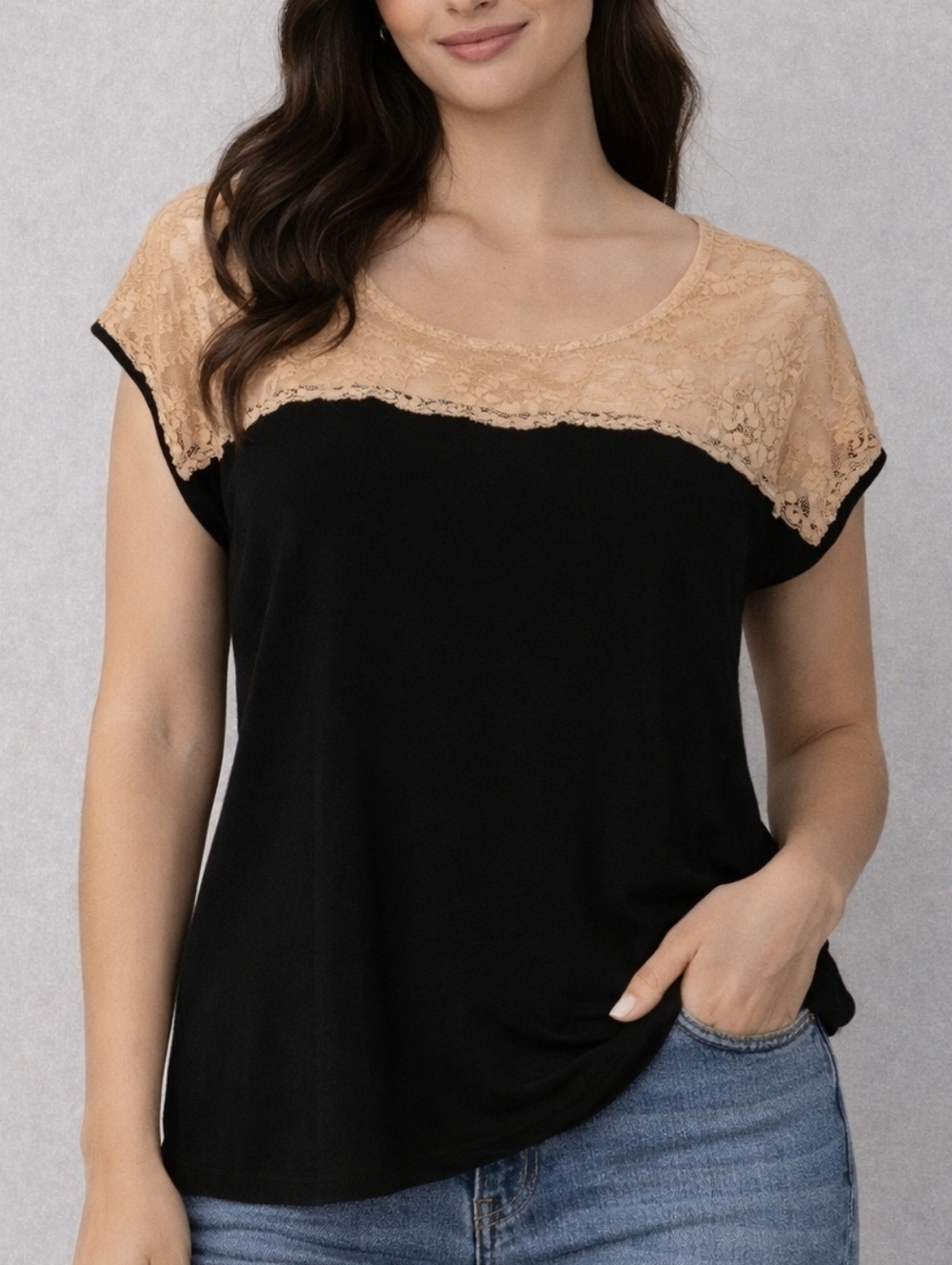 3/$30 FAITH & JOY Antique Lace Yoke Short Sleeve Bow Blouse